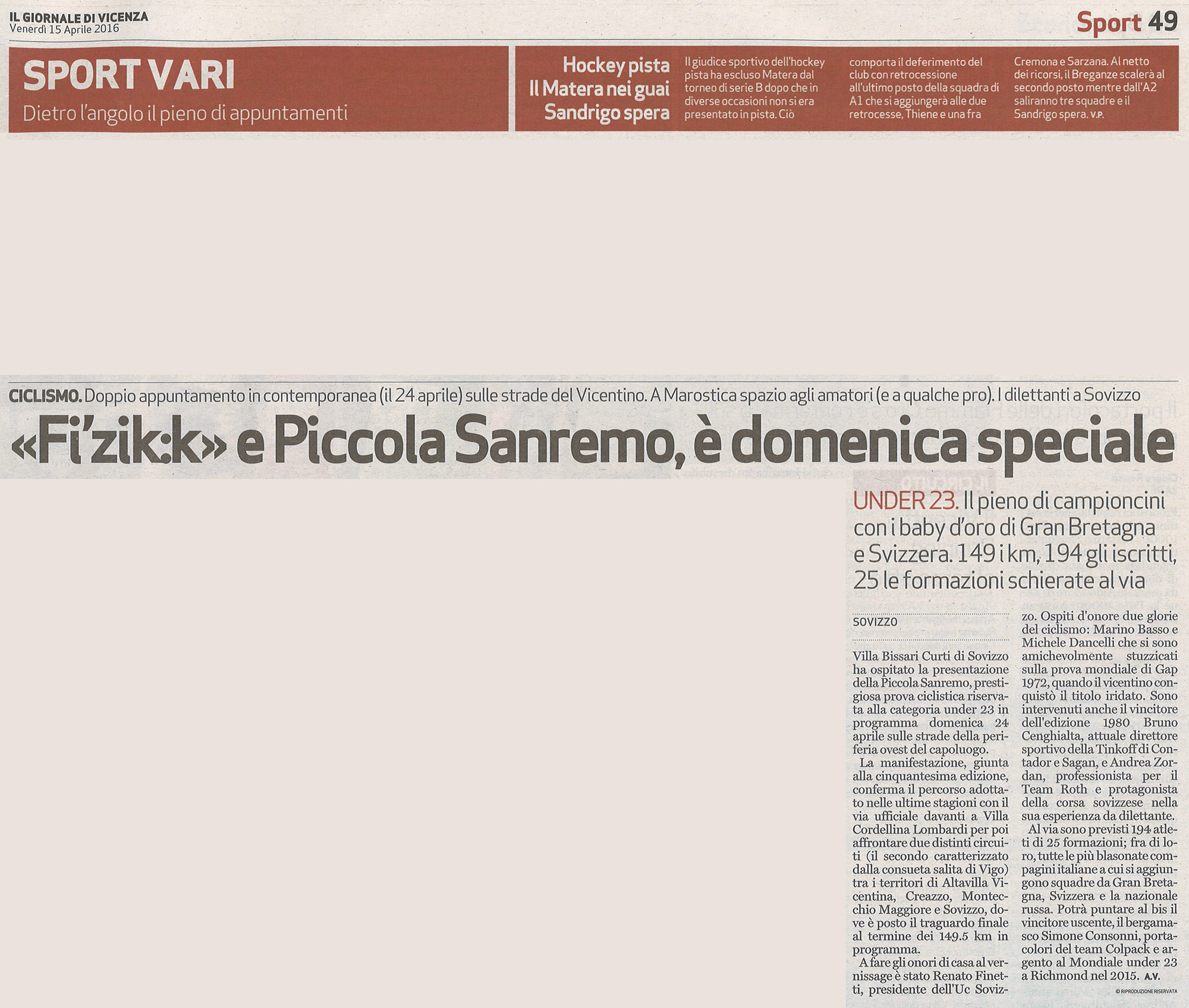 Il Giornale di Vicenza 15.04.2016 pag. 49